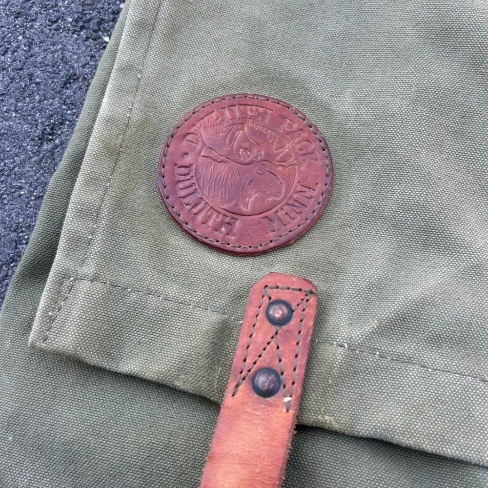 Duluth Pack Vintage Canvas Canoe Pack Rucksack Olive Green Leather Made in USA - Picture 3 of 16